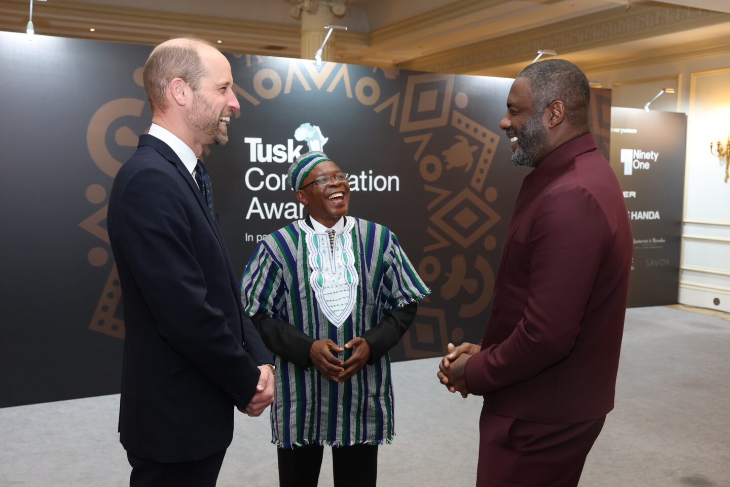 LONDON, ENGLAND - NOVEMBER 27: Prince William, Prince of Wales, Edward Aruna and Idris Elba attendthe 2024 Tusk Conservation Awards at The Savoy Hotel on November 27, 2024 in London, England. (Photo by Chris Jackson/Getty Images for Tusk)